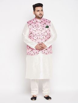 Vastramay - Men's Off White and Pink Silk Blend Jacket Kurta Pyjama (Set of 3)