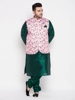 Vastramay - Men's Green and Pink Silk Blend Jacket Kurta Pyjama (Set of 3)