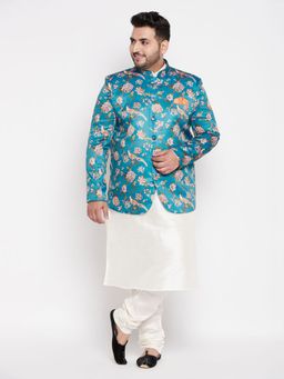 Vastramay - Men's Turquoise Blue and Cream Silk Blend Ethnic Combo