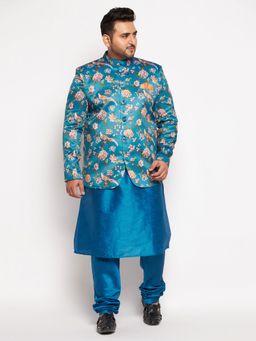 Vastramay - Men's Turquoise Blue Silk Blend Ethnic Combo