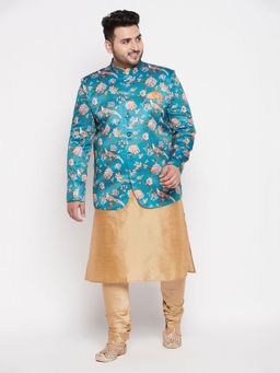 Vastramay - Men's Turquoise Blue and Rose Gold Silk Blend Ethnic Combo