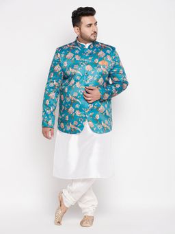 Vastramay - Men's Turquoise Blue and White Silk Blend Ethnic Combo