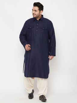 Vastramay - Men's Blue and Cream Cotton Blend Pathani Kurta