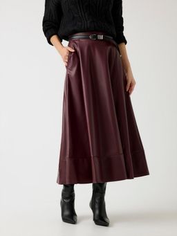 Guess - Women Burgundy Solid Flared Midi Skirt