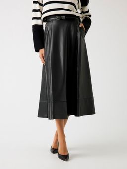Guess - Women Black Solid Flared Midi Skirt