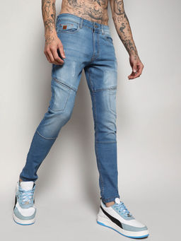 Campus Sutra - Mens Light Blue Self Design Patched Denim Jeans
