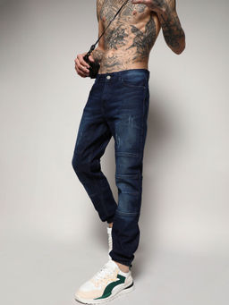 Campus Sutra - Mens Navy Blue Self Design Parallel Stitched Denim Jeans