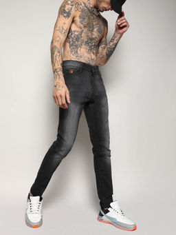 Campus Sutra - Mens Black Self Design Patched Stitched Denim Jeans