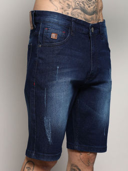 Campus Sutra - Mens Navy Blue Distressed Rolled Hem Denim Shorts