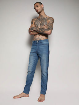 Campus Sutra - Mens Blue Contrast Side Wash Denim Jeans
