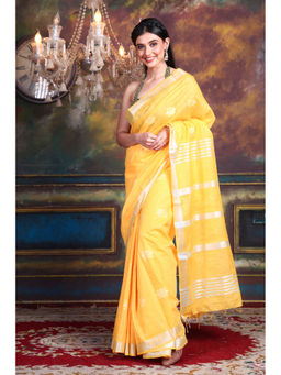 CHARUKRITI - Blended Silk Yellow Soft Saree with Geometric Motiff and Unstitched Blouse