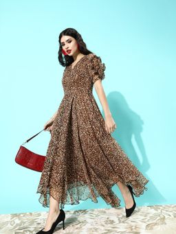 ANVI Be Yourself - Puff Sleeve Embellished Maxi Dress Brown