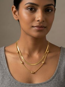 RACHIVA - 18K Gold Plated Double Herringbone Chain Oval Bead Station Necklace