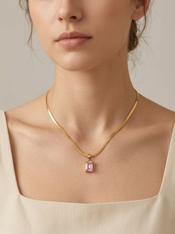 RACHIVA - 18K Gold Plated Pink Emerald Cut CZ Four Prong Herringbone Necklace