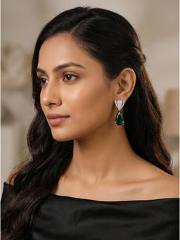 Saraf RS Jewellery - Silver Plated Green Emerald Zircon Ad Teardrop Minimal Dangler Earrings