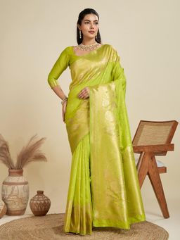 NIKATT - Soft Kanjivaram Silk Green Saree With Unstitched Blouse