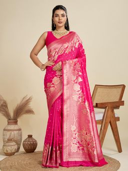 NIKATT - Soft Kanjivaram Silk Pink Saree With Unstitched Blouse