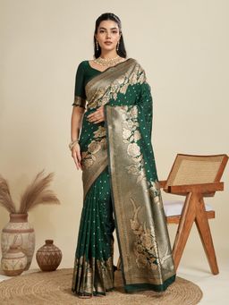 NIKATT - Soft Kanjivaram Silk Dark Green Saree With Unstitched Blouse