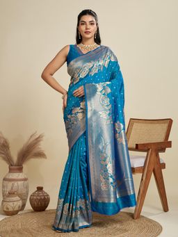 NIKATT - Soft Kanjivaram Silk Teal Saree With Unstitched Blouse