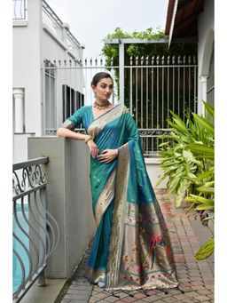 NIKATT - Soft Banarasi Silk Paithani Teal Saree With Unstitched Blouse