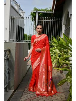 NIKATT - Soft Banarasi Silk Paithani Red Saree With Unstitched Blouse