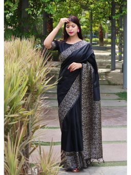 NIKATT - Banglori Handloom Raw Silk Black Saree With Unstitched Blouse