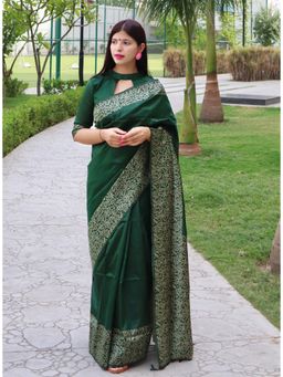 NIKATT - Banglori Handloom Raw Silk Green Saree With Unstitched Blouse