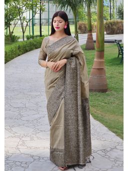 NIKATT - Banglori Handloom Raw Silk Grey Saree With Unstitched Blouse