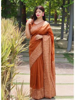 NIKATT - Banglori Handloom Raw Silk Rust Saree With Unstitched Blouse