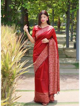 NIKATT - Banglori Handloom Raw Silk Red Saree With Unstitched Blouse