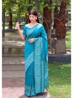 NIKATT - Banglori Handloom Raw Silk Blue Saree With Unstitched Blouse