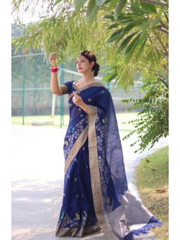 NIKATT - Pure Linen Silk Blue Saree With Unstitched Blouse