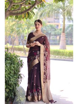 NIKATT - Pure Linen Silk Brown Saree With Unstitched Blouse