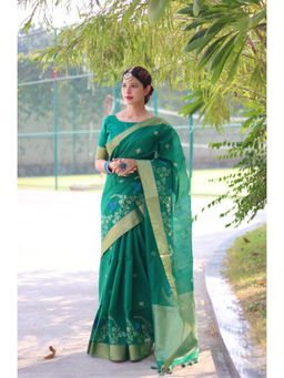 NIKATT - Pure Linen Silk Green Saree With Unstitched Blouse