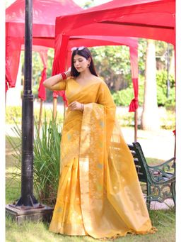 NIKATT - Pure Linen Silk Yellow Saree With Unstitched Blouse