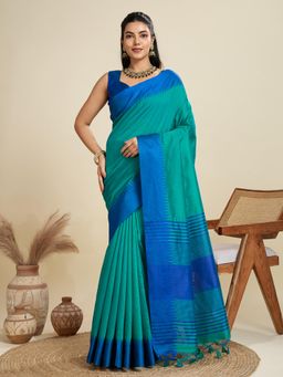 NIKATT - Premium Khadi Raw Silk Blue Saree With Unstitched Blouse