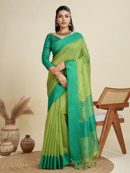 NIKATT - Premium Khadi Raw Silk Green Saree With Unstitched Blouse
