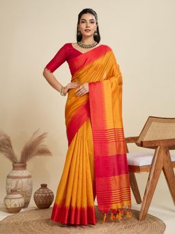 NIKATT - Premium Khadi Raw Silk Orange Saree With Unstitched Blouse