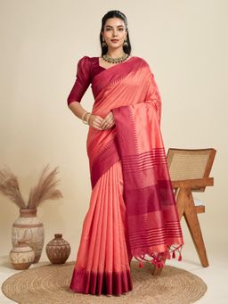 NIKATT - Premium Khadi Raw Silk Peach Saree With Unstitched Blouse