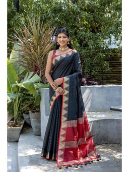 NIKATT - Semi Tussar Silk Black Saree With Unstitched Blouse