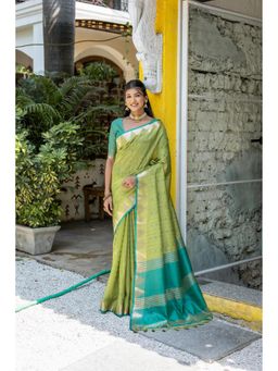 NIKATT - Semi Tussar Silk Green Saree With Unstitched Blouse