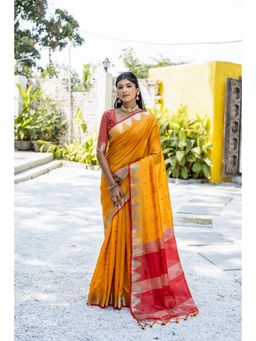 NIKATT - Semi Tussar Silk Orange Saree With Unstitched Blouse