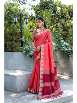 NIKATT - Semi Tussar Silk Red Saree With Unstitched Blouse