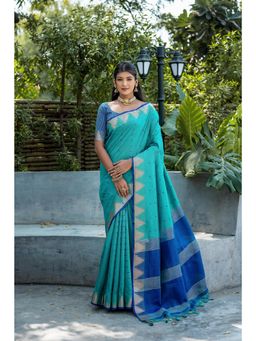 NIKATT - Semi Tussar Silk Teal Saree With Unstitched Blouse