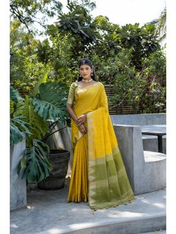 NIKATT - Semi Tussar Silk Yellow Saree With Unstitched Blouse