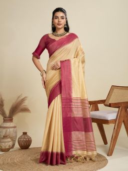 NIKATT - Premium Khadi Raw Silk Beige Saree With Unstitched Blouse