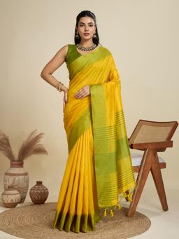 NIKATT - Premium Khadi Raw Silk Yellow Saree With Unstitched Blouse