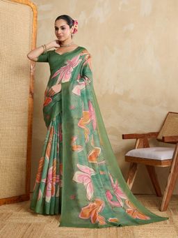 KALAASHREE - Light Green Chanderi Digital Print Saree With Unstitched Blouse