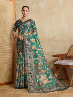 KALAASHREE - Green Chanderi Digital Print Saree With Unstitched Blouse
