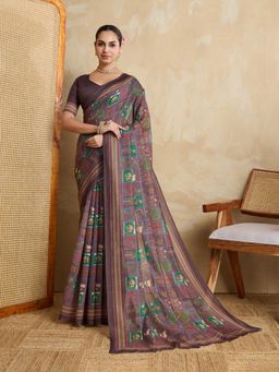 KALAASHREE - Wine Chanderi Digital Print Saree With Unstitched Blouse